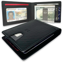 Modern Carry Minimal Bifold Wallet with Metal Money Clip, RFID Blocking Slim Leather Wallet for Men – Front Pocket Minimalist Wallet Holds Cards & Cash Securely - Black Carbon