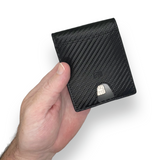 Modern Carry Minimal Bifold Wallet with Metal Money Clip, RFID Blocking Slim Leather Wallet for Men – Front Pocket Minimalist Wallet Holds Cards & Cash Securely - Black Carbon