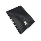 Modern Carry Minimal Bifold Wallet with Metal Money Clip, RFID Blocking Slim Leather Wallet for Men – Front Pocket Minimalist Wallet Holds Cards & Cash Securely - Black Carbon